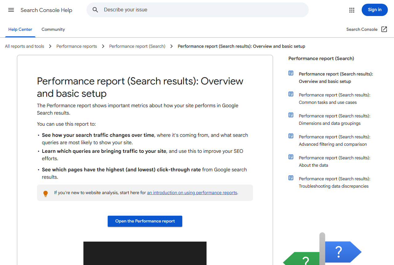 Search Console performance report documentation used for AI search reporting
