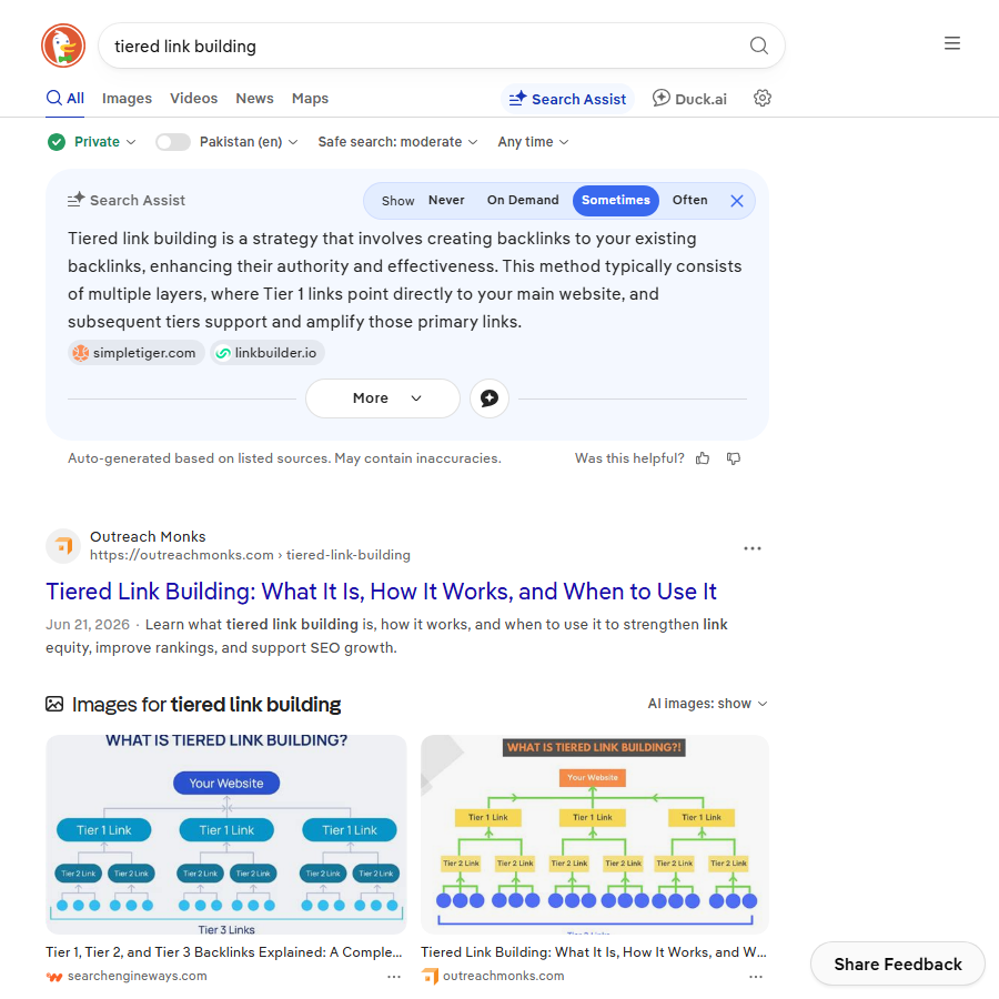 Search results for tiered link building showing agency and forum pages