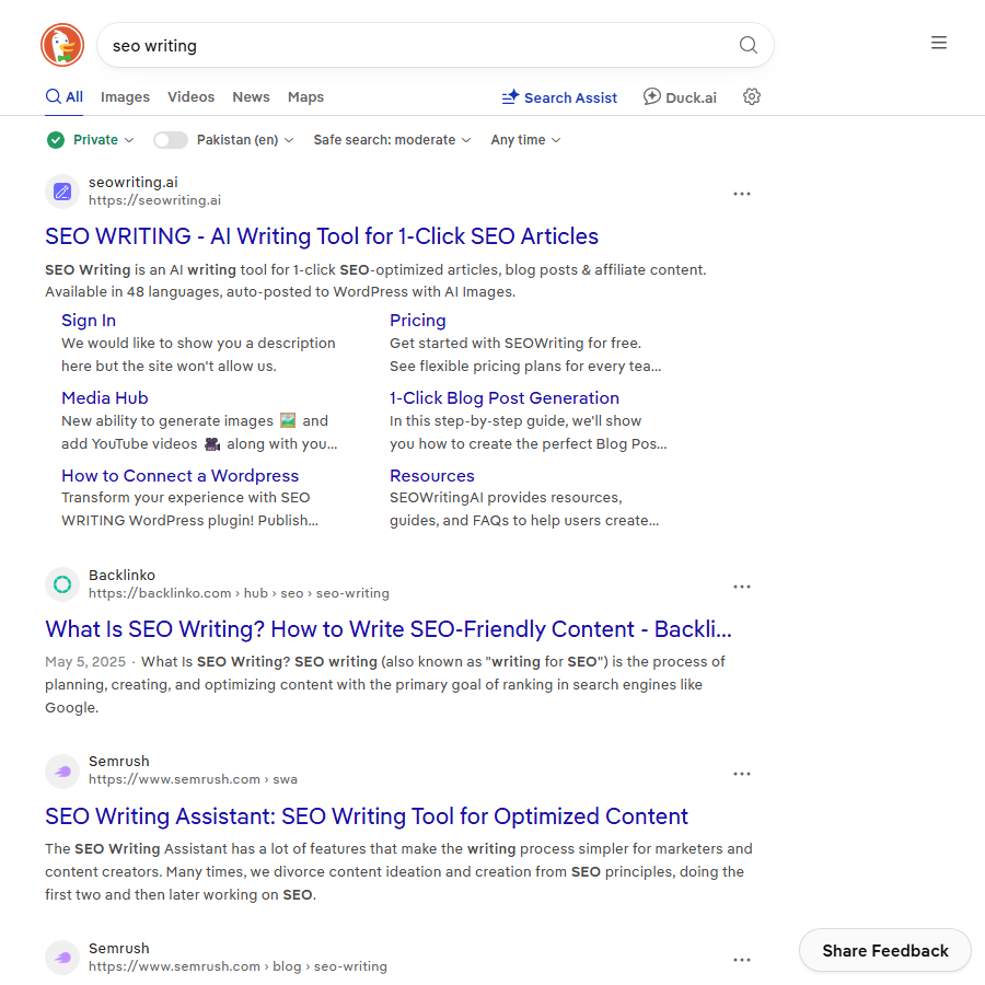 Search results for seo writing dominated by AI writing tools and definition posts