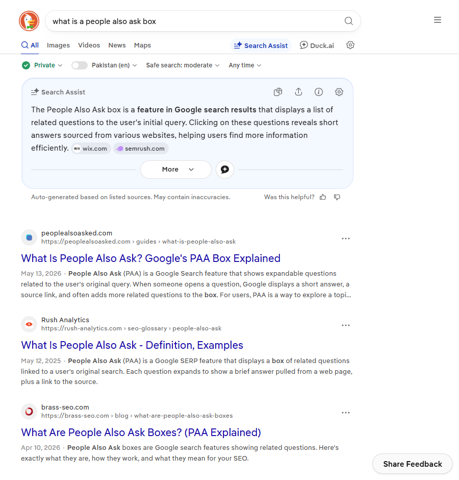 Search results page where an AI answer replaces the People Also Ask box