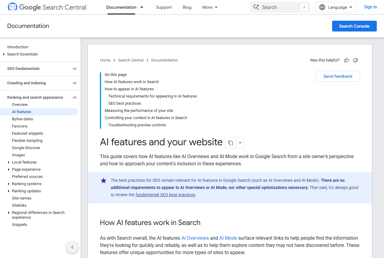 Google Search Central documentation on AI features and your website