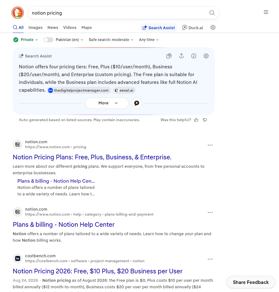 A results page for a pricing query showing an AI answer plus sitelinks