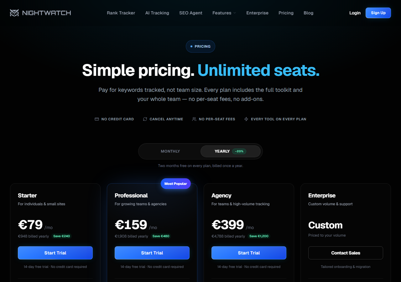 Nightwatch pricing page, one of the Semrush alternatives compared