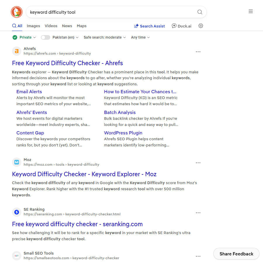 Search results for keyword difficulty tool showing free checkers from Ahrefs, Moz and SE Ranking