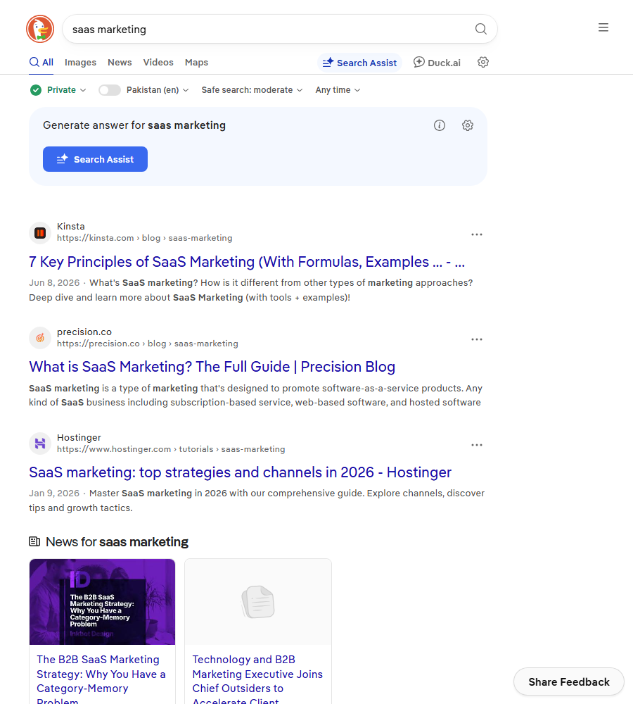 DuckDuckGo results for saas marketing showing Kinsta, Precision and Hostinger guides