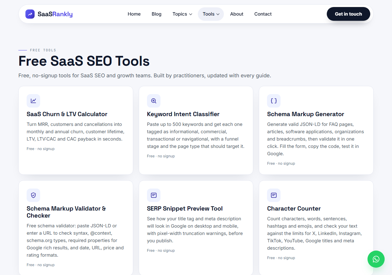 SaaS Rankly free SEO tools page with keyword intent classifier, schema validator and SERP snippet preview