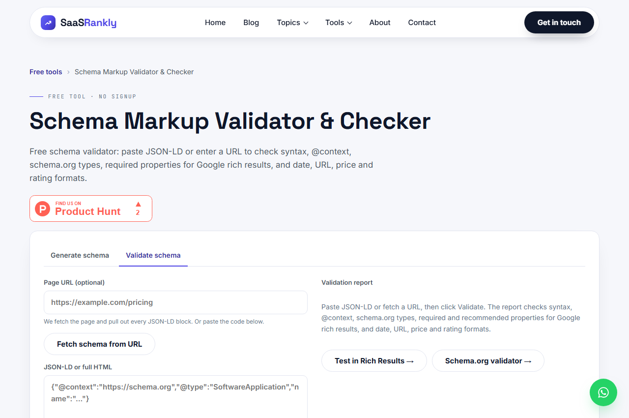 SaaS Rankly schema markup validator used to check pricing and product pages for llm visibility