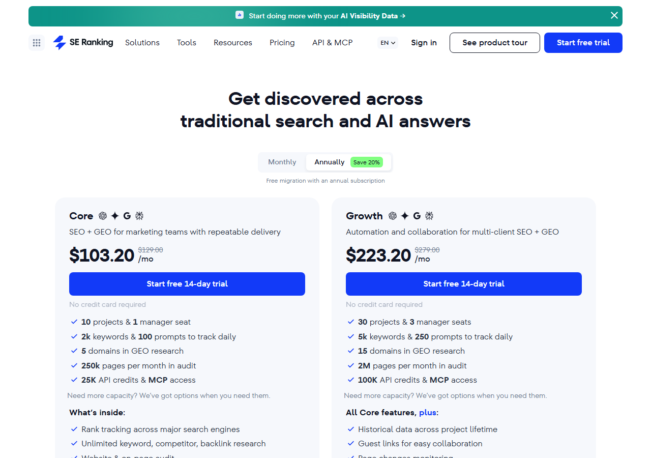 SE Ranking pricing page for SEO platforms comparison showing Core and Growth plans with seats and tracked keywords