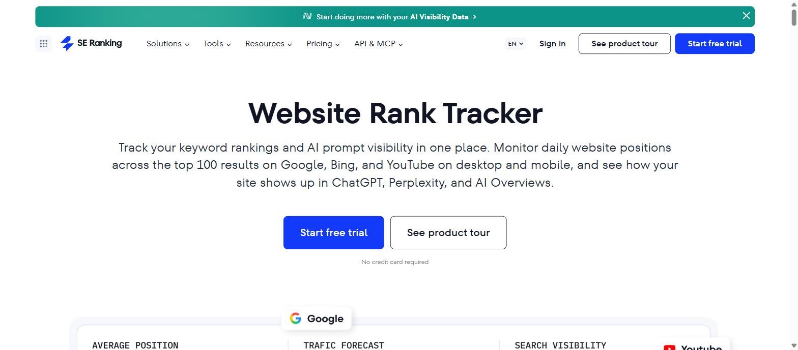 SE Ranking Website Rank Tracker page describing daily Google, Bing and YouTube tracking plus ChatGPT, Perplexity and AI Overviews visibility