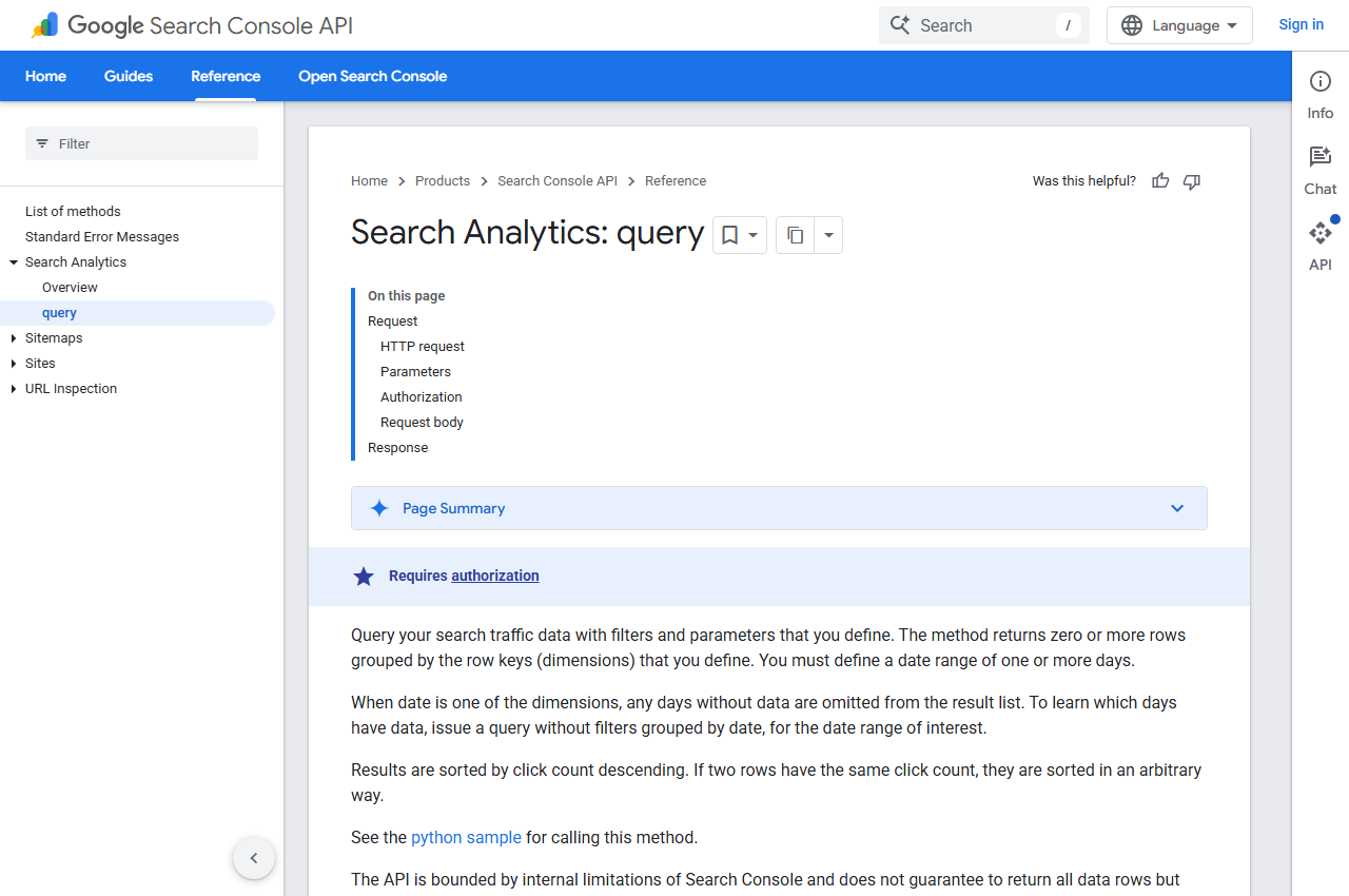 Google Search Console API Search Analytics query reference page