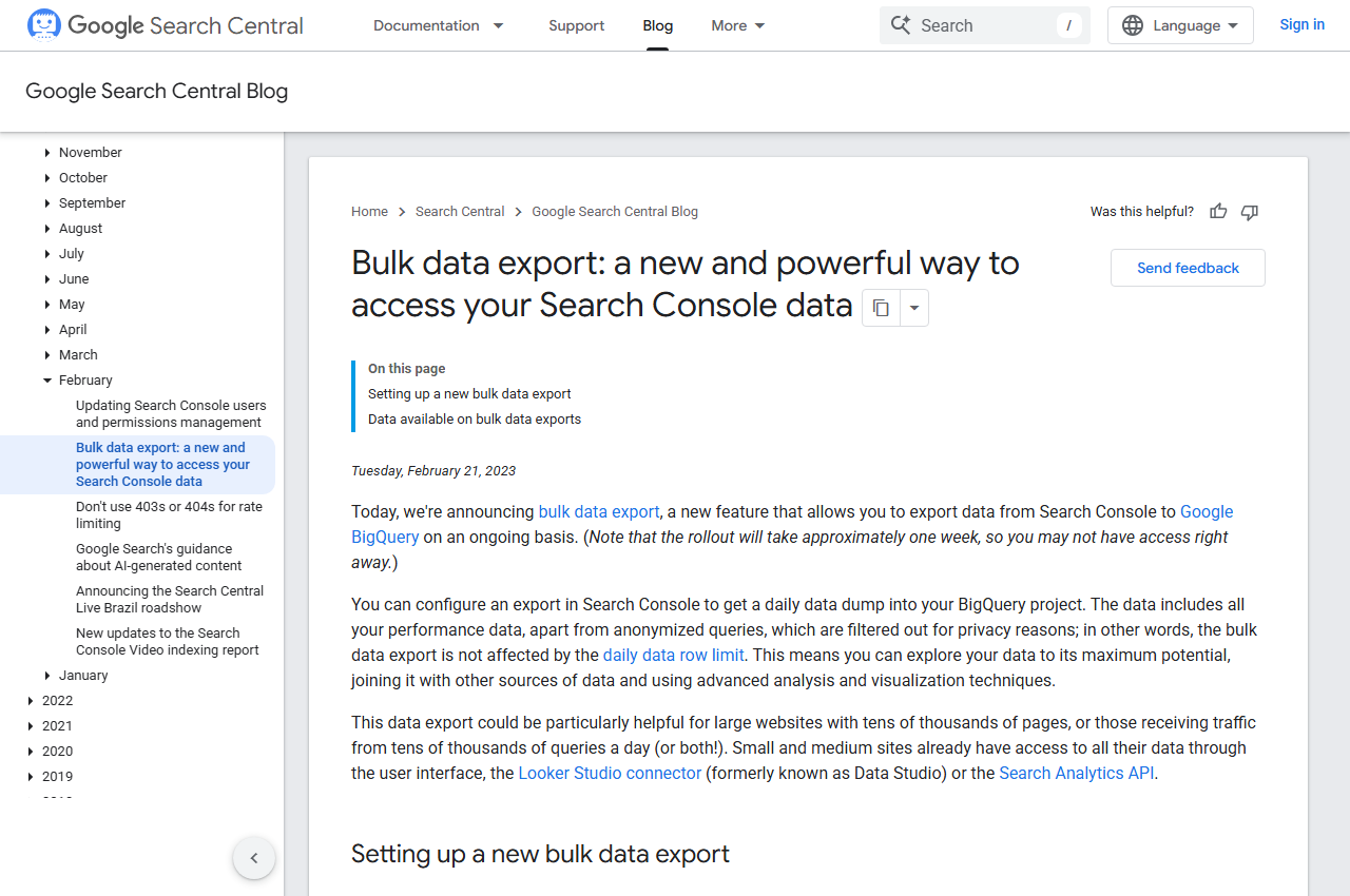 Google Search Central blog post announcing Search Console bulk data export to BigQuery