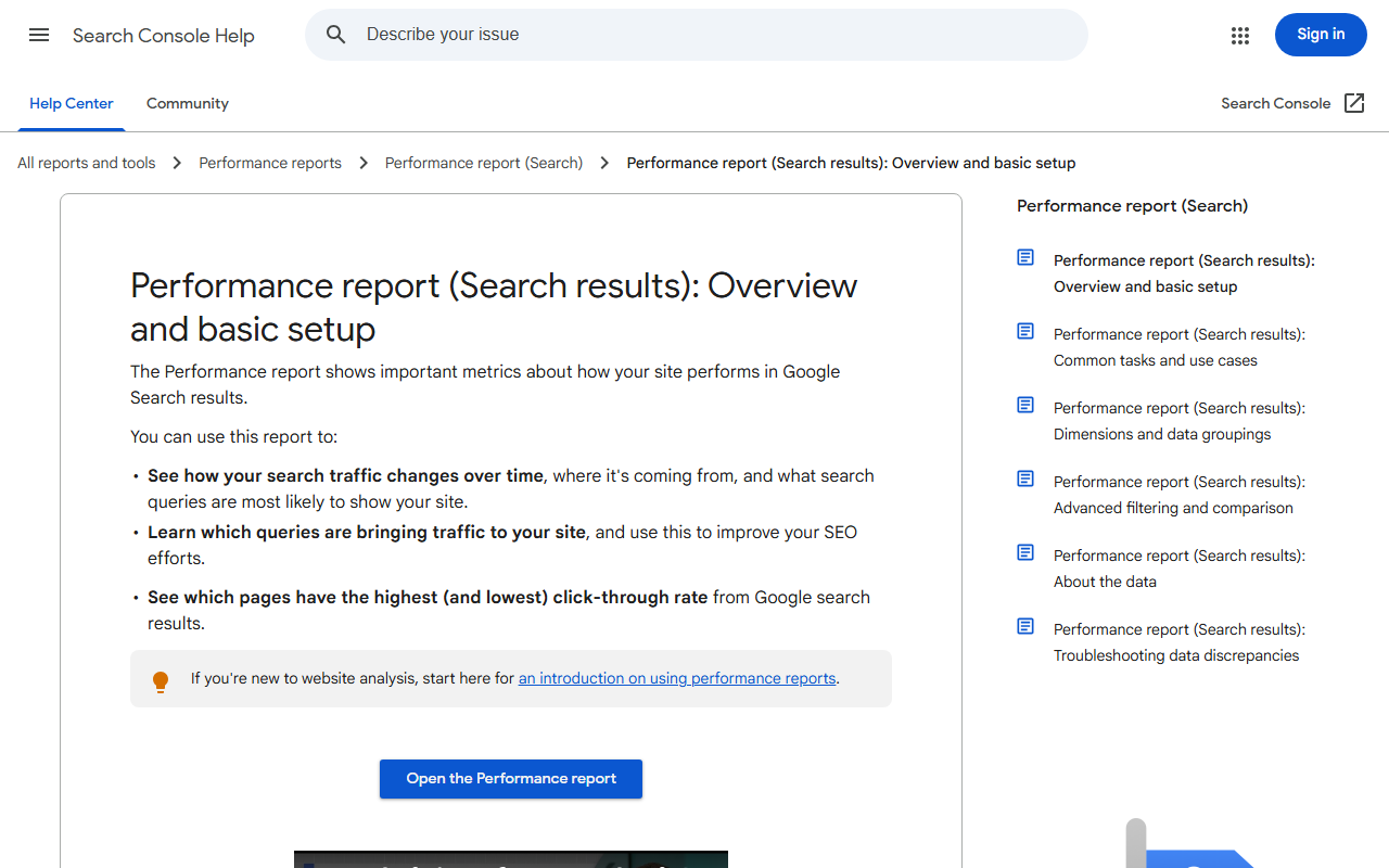 Search Console performance report help page, the keyword research tool you already own