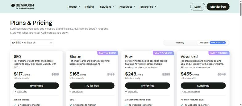 Semrush SEO and AI Search pricing page showing SEO, Starter, Pro+ and Advanced plans