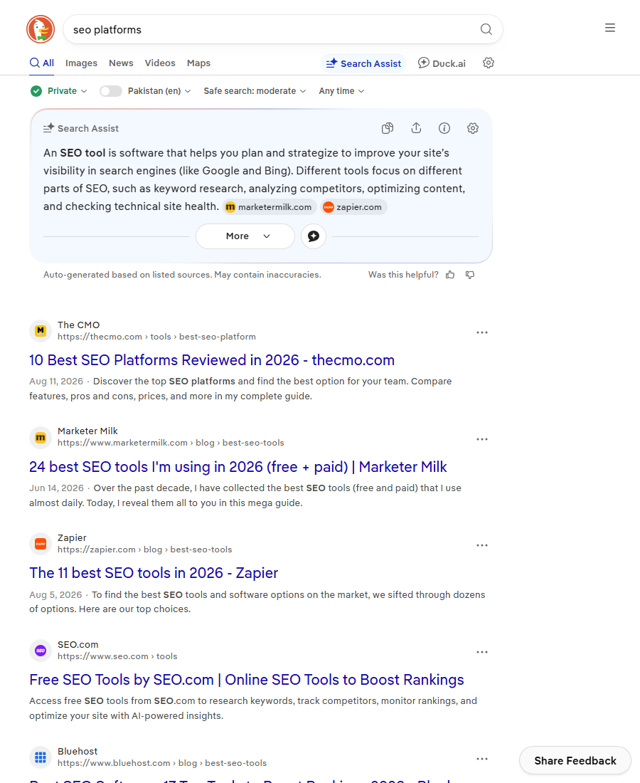 DuckDuckGo results for seo platforms showing best SEO platforms and best SEO tools listicles