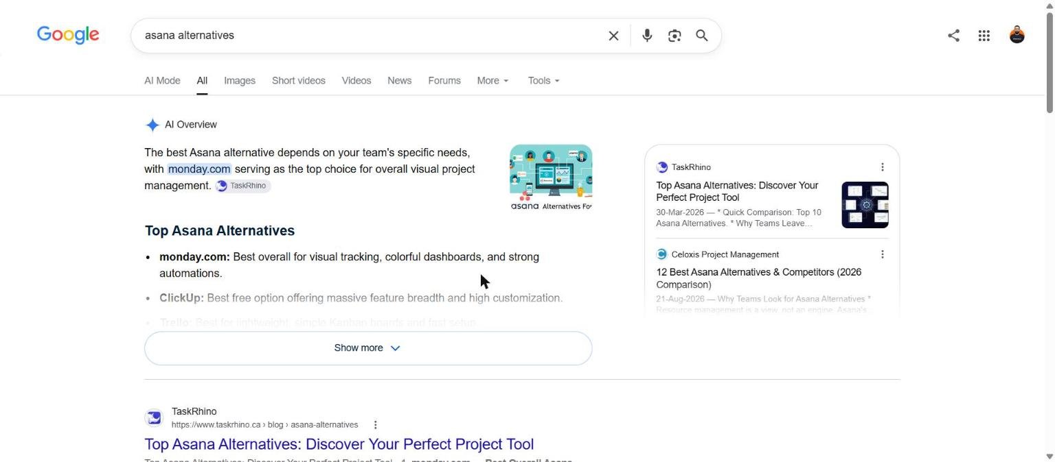 Competitor alternatives pages: Google results for asana alternatives showing review sites and vendor pages