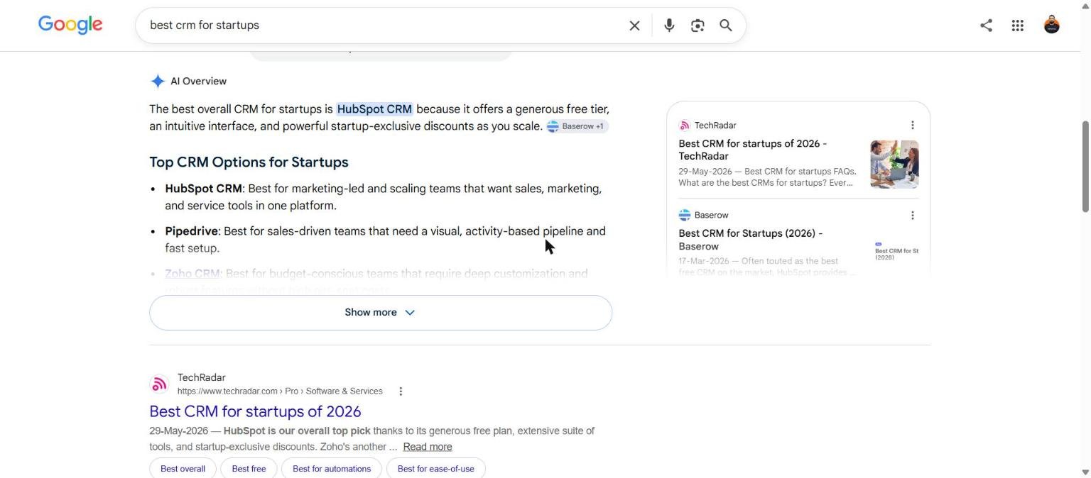 Google search results for best crm for startups showing listicles and vendor pages