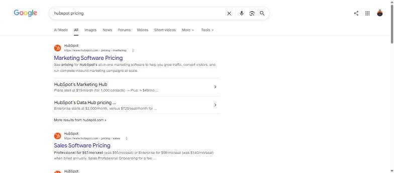 Google search results for hubspot pricing showing sitelinks and plan prices