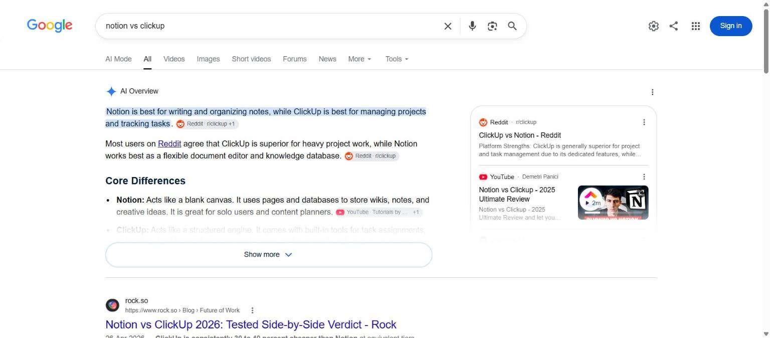 Saas comparison pages: Google results for notion vs clickup with vendor and third-party comparison pages