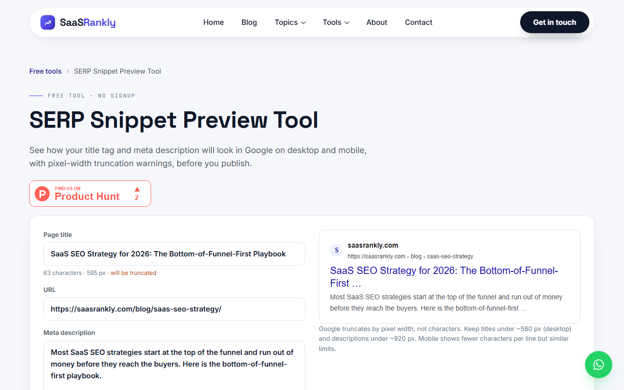 SERP snippet preview tool flagging a title that will be truncated