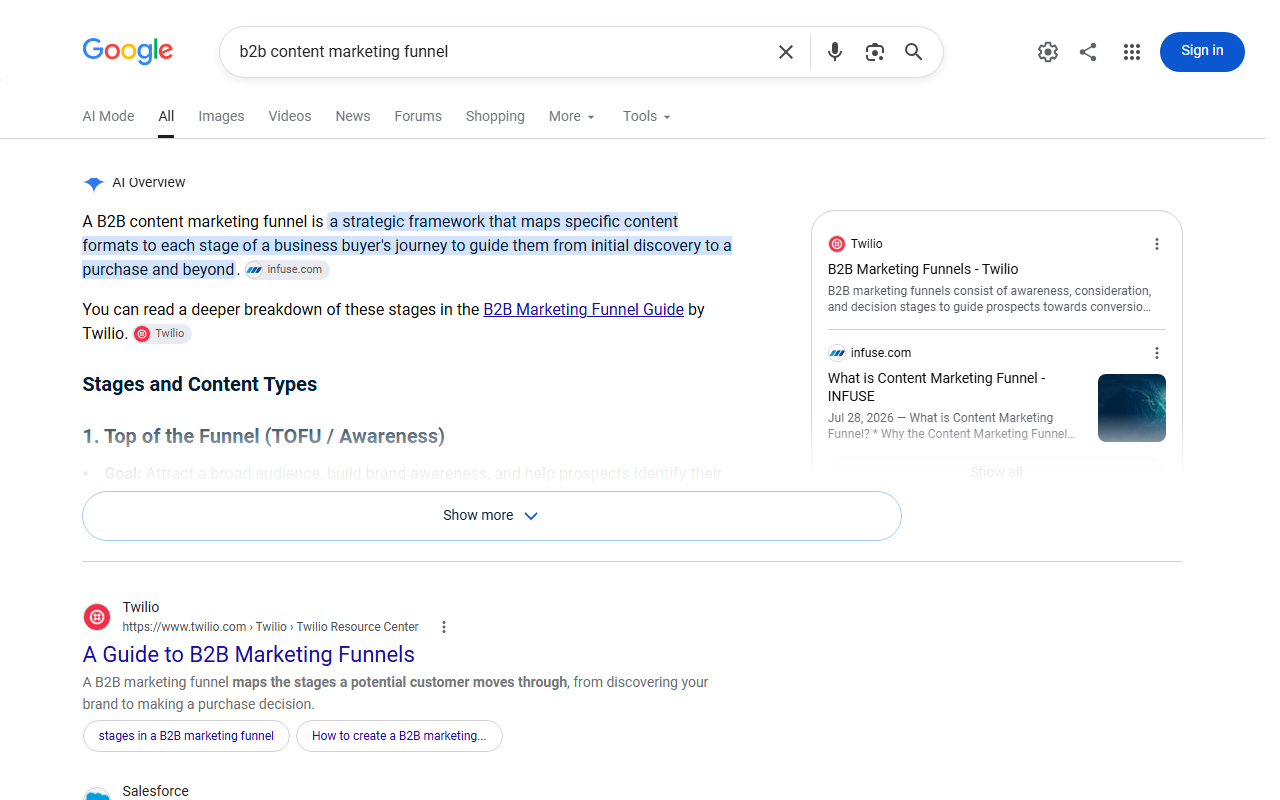 b2b content marketing funnel Google search results with an AI Overview above the first organic result