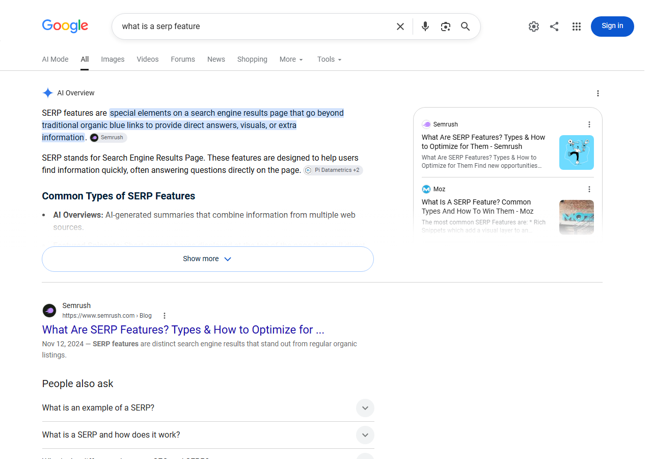 serp features example with AI Overview and People Also Ask