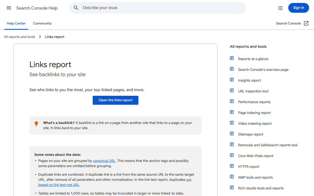backlink monitoring with the Google Search Console Links report documentation
