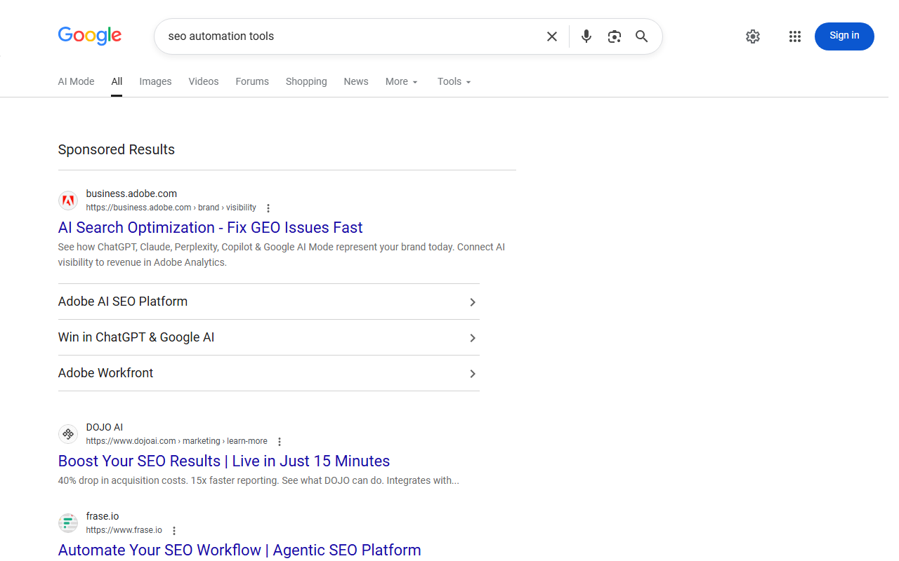 Google results for seo automation tools, one of the best SEO automation tools queries