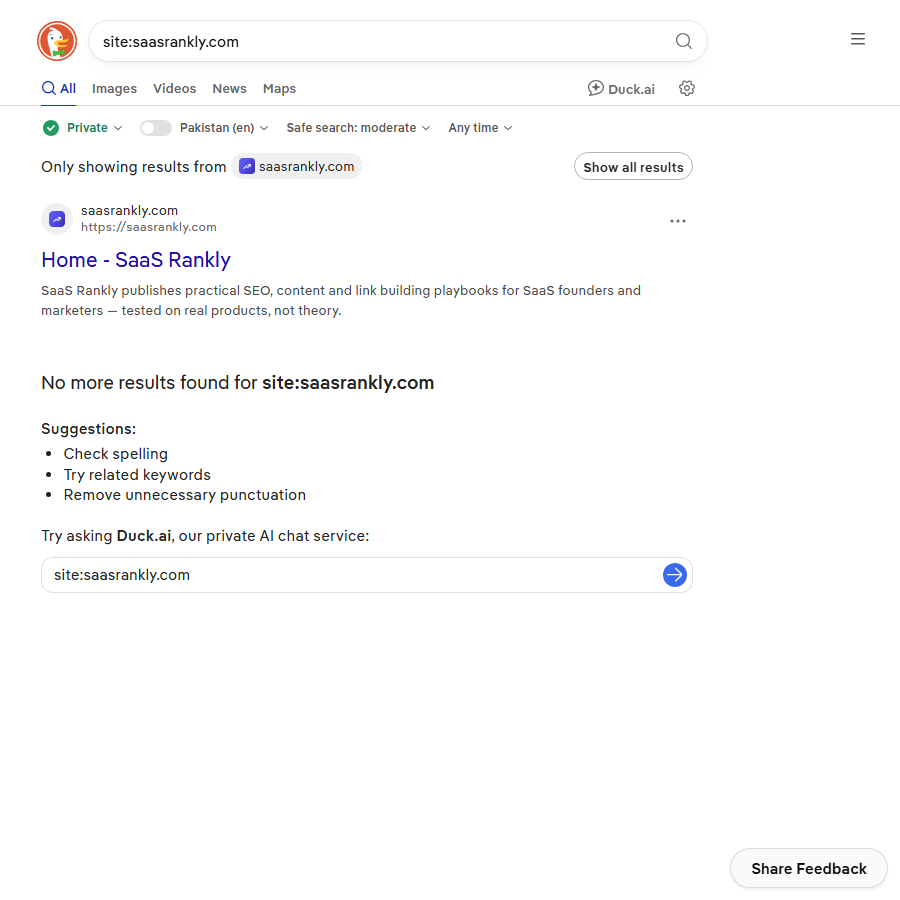 A site: search used to check indexed pages for a domain