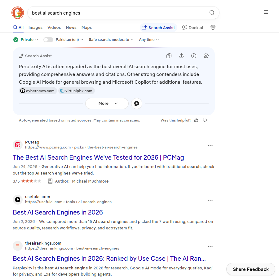 An AI generated answer comparing the best AI search engines, with cited sources
