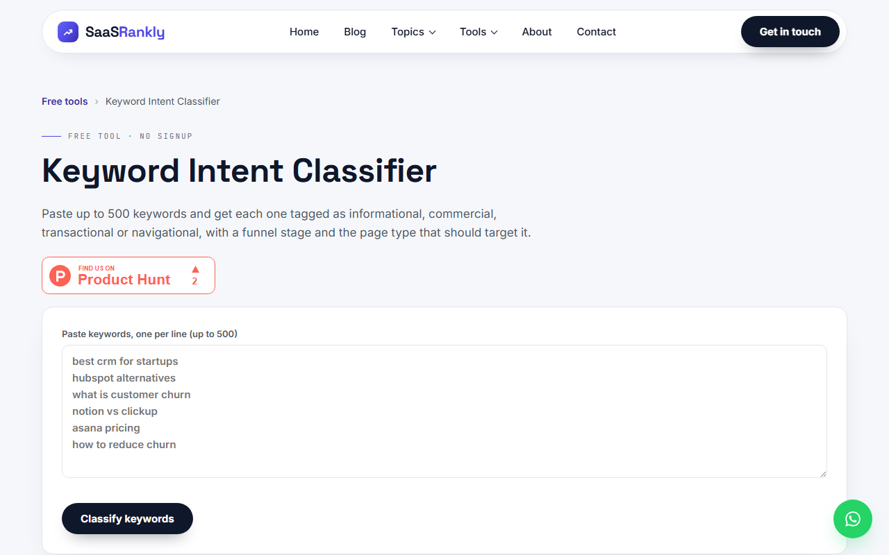 Keyword intent classifier tool used when assigning primary and secondary keywords
