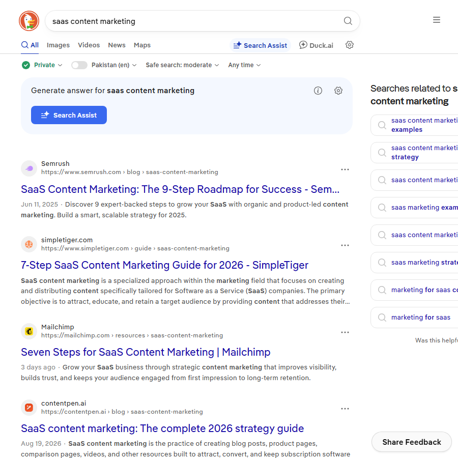 Search results for saas content marketing showing competing agency and tool guides