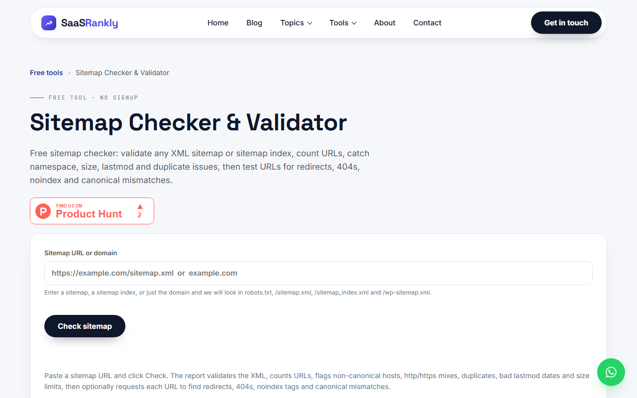 SaaS Rankly sitemap checker tool used for the SEO essentials sitemap check