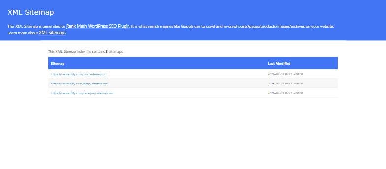 Rank Math sitemap index page listing post, page and category sitemaps with last modified dates