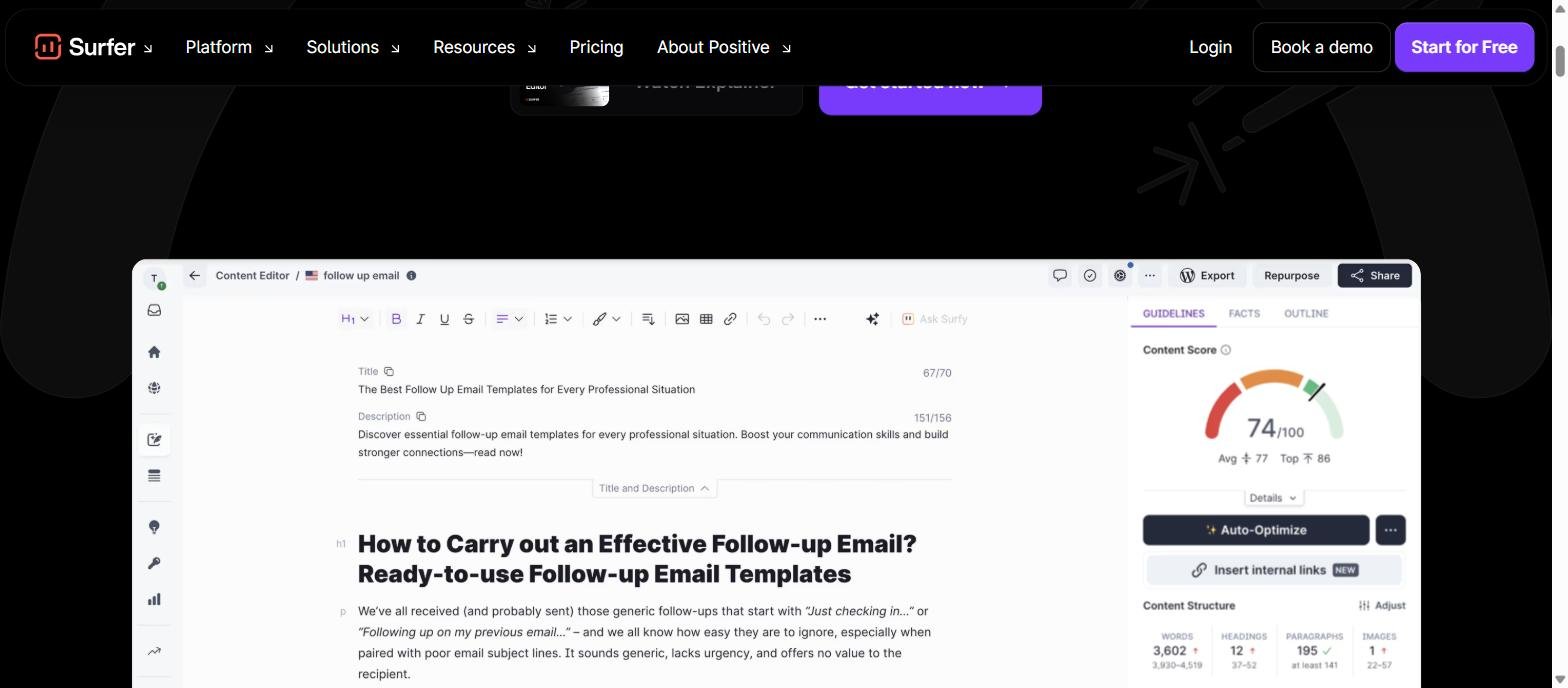 Surfer Content Editor with a draft on the left and a content score, guidelines and content structure panel on the right