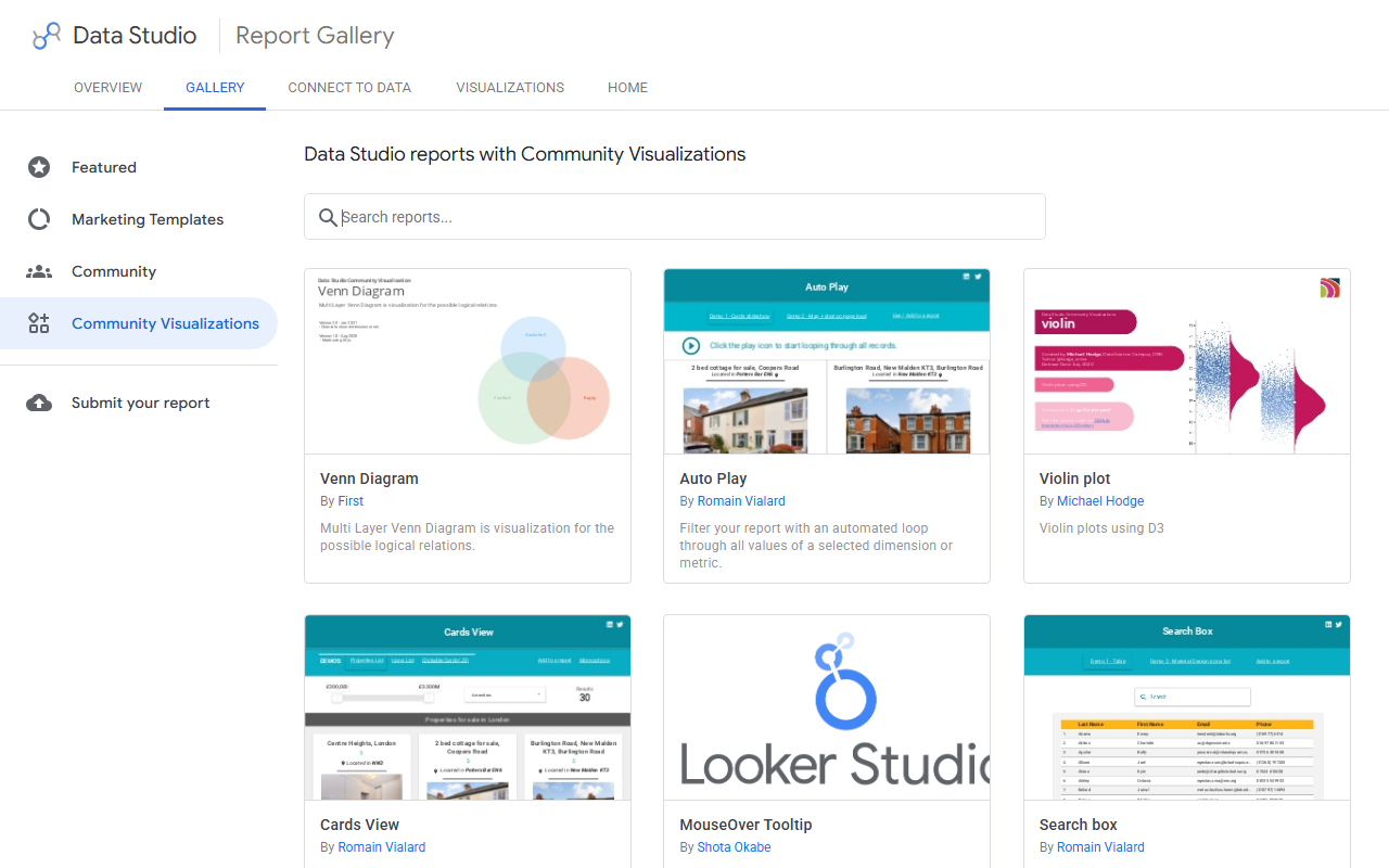 Looker Studio report gallery used as a starting point for seo analytics reports