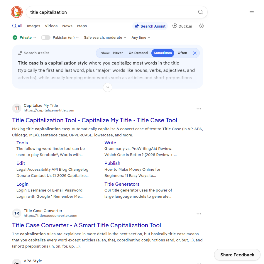 DuckDuckGo results for title capitalization with an AI answer defining title case