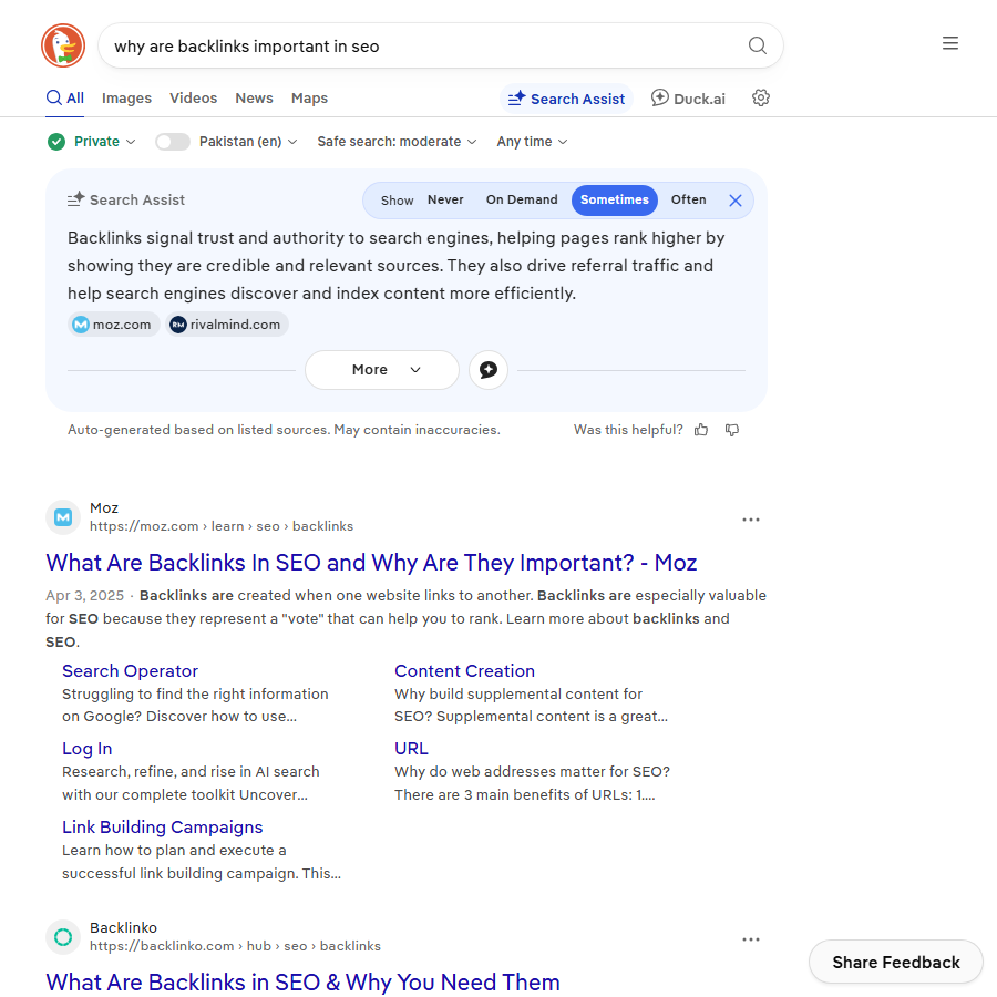 DuckDuckGo results and AI answer for why are backlinks important in SEO