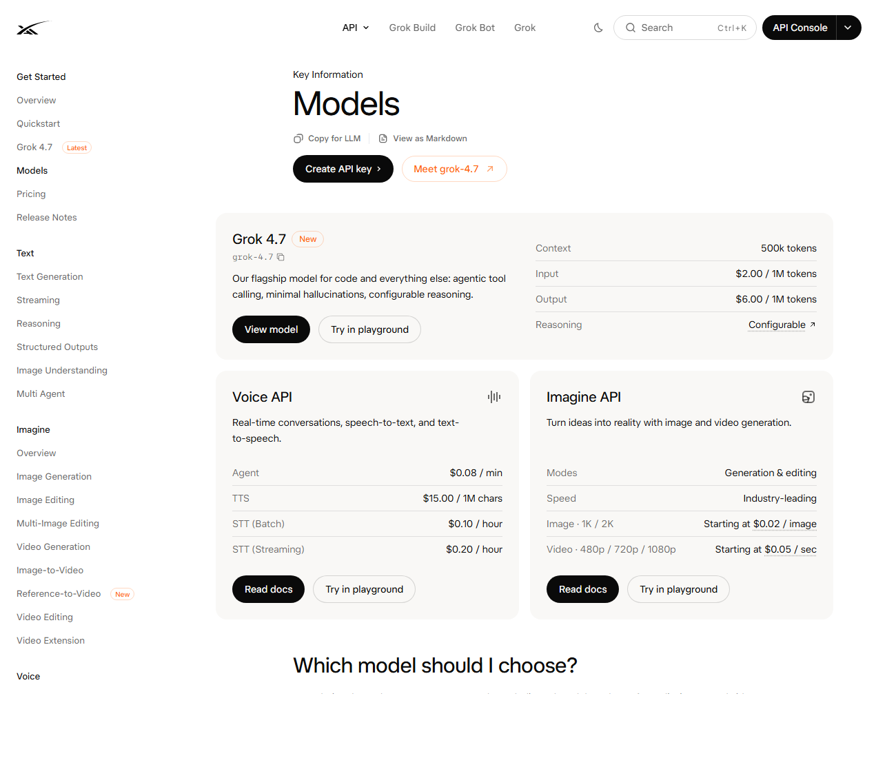 xAI docs models page showing Grok 4.7 context and token prices