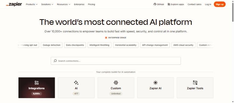 Saas integration pages: Zapier apps directory with search bar and categories for integrations, AI and custom tools