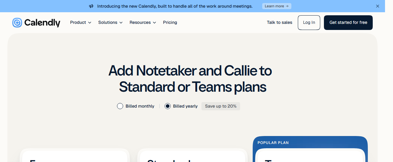 Calendly pricing page with Get started for free button