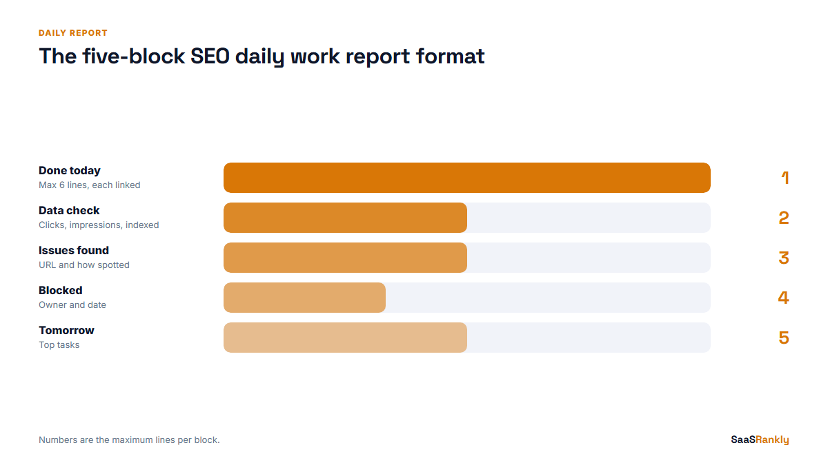 Five blocks of the SEO daily work report format with line limits