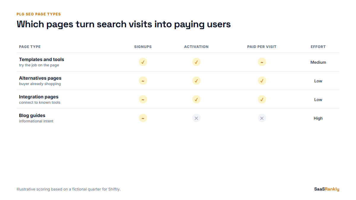 Scorecard of PLG SEO page types by signups and paid conversion