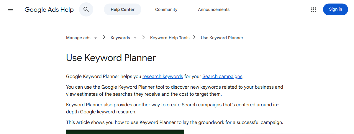 Google Ads Help page on using Keyword Planner
