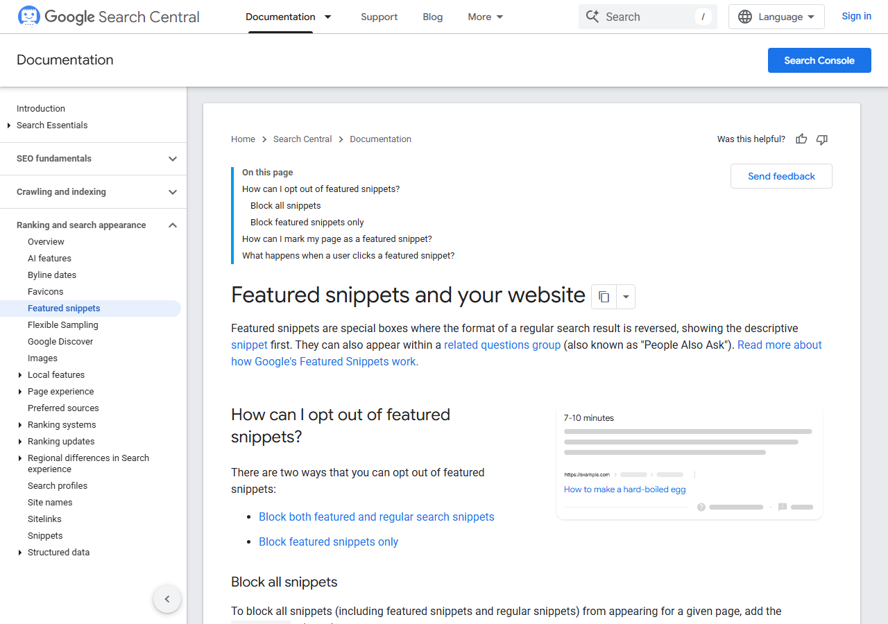 Google Search Central featured snippets documentation page