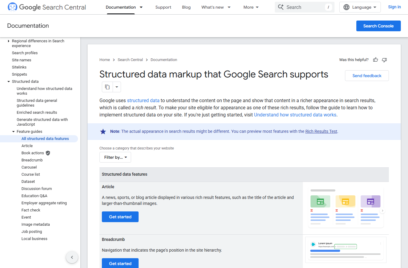 Google Search Central search gallery listing structured data features