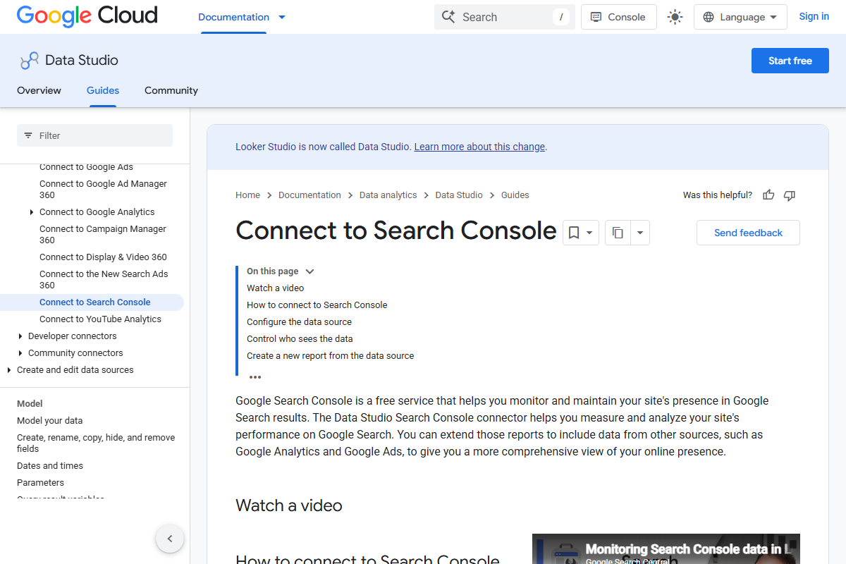 Looker Studio help page for connecting Search Console