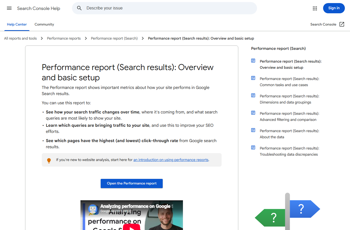 Google Search Console Performance report help page