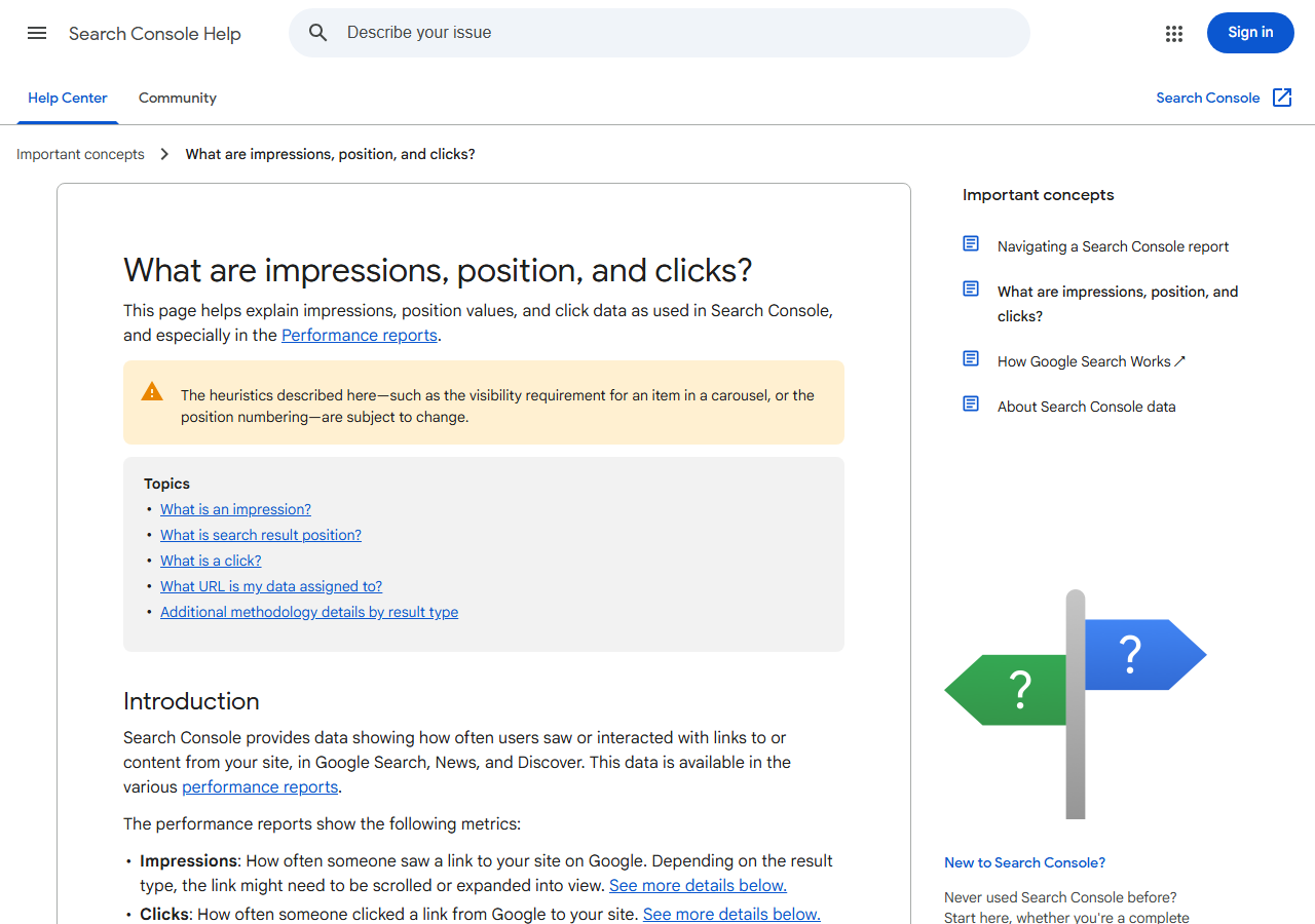 Search Console help page on impressions, position and clicks