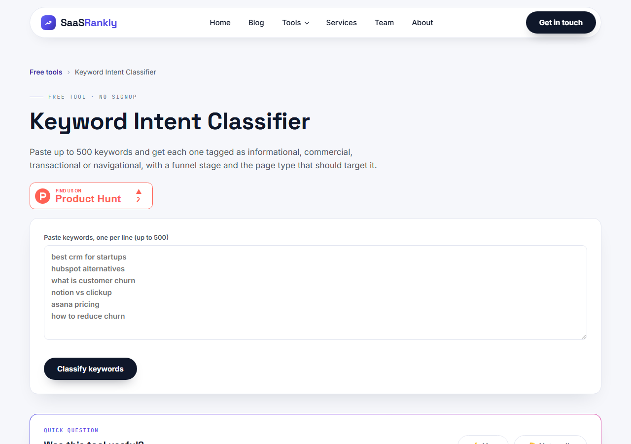 SaaS Rankly keyword intent classifier tool page