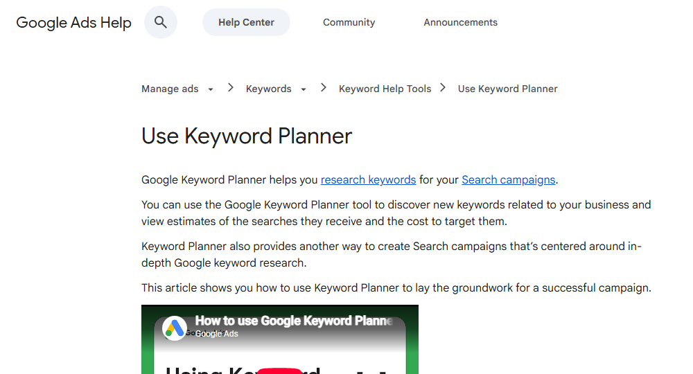 Google Ads Help page for Keyword Planner
